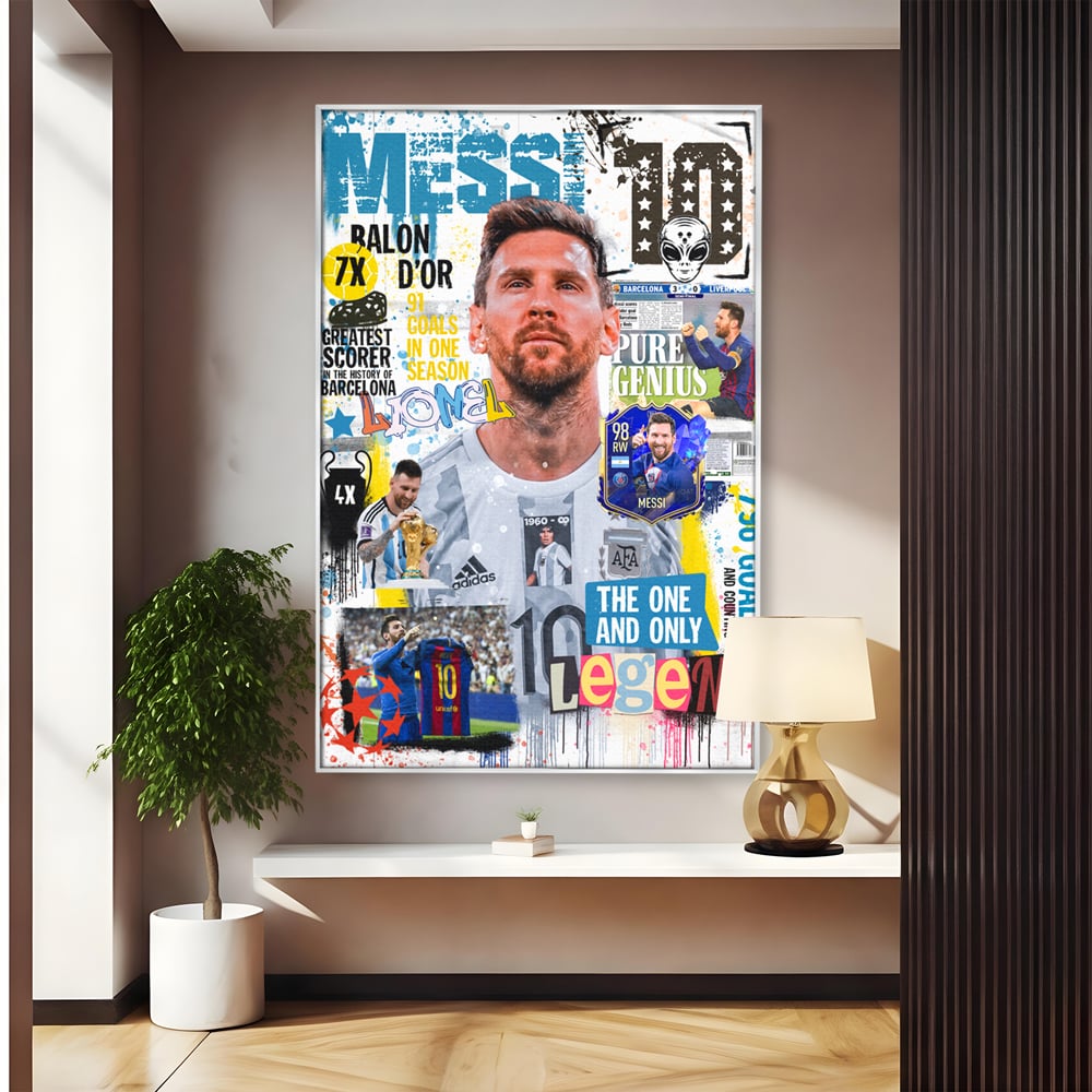 Tablou canvas cu tablou canvas cu lionel messi, in rama de aluminiu argintiu